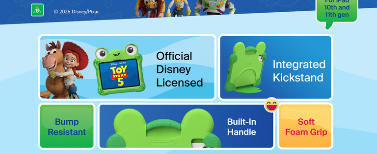 Disney Toy Story 5 Lilypad Case for iPad 10th and 11th Gen featuring Toy Story characters with callouts for official Disney licensed product integrated kickstand bump resistance built-in handle and soft foam grip