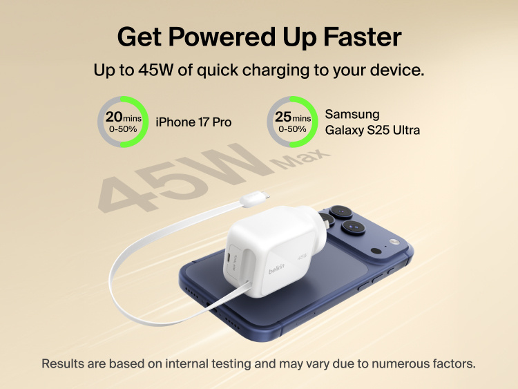 Belkin UltraCharge 45W retractable GaN wall charger delivering fast charging up to 45W with built-in USB-C cable, powering smartphone with rapid 0&ndash;50% charge times