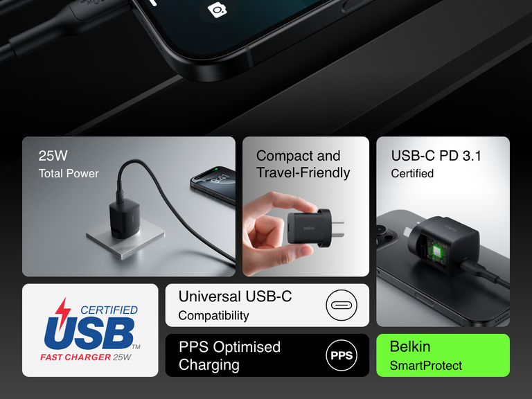 Infographic highlighting key features of the Belkin BoostCharge USB-C Wall Charger 25W, including 25W power output, USB-C PD 3.1 certification, compact design, PPS optimized charging, and SmartProtect technology.