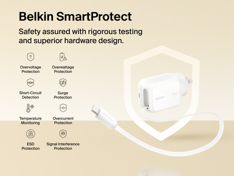 Belkin UltraCharge 45W retractable GaN wall charger with SmartProtect safety features including overvoltage, surge, temperature, and short-circuit protection