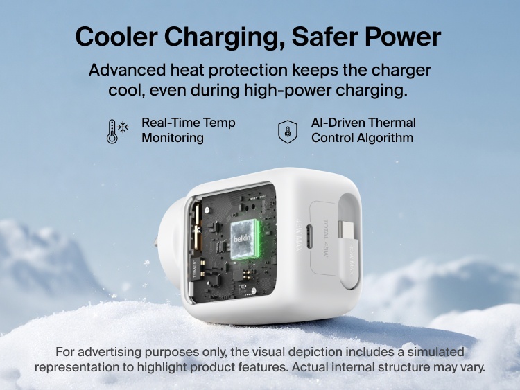 Belkin UltraCharge 45W retractable GaN wall charger with advanced thermal management, real-time temperature monitoring, and AI-driven cooling for safer, efficient fast charging