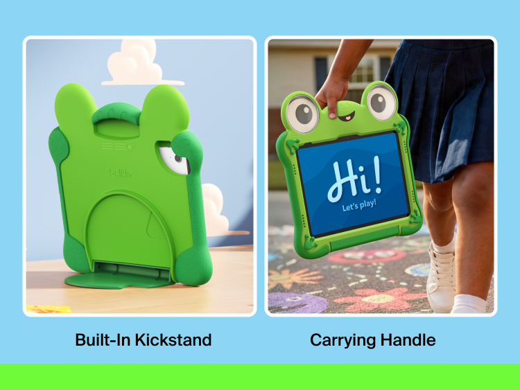 Disney Toy Story 5 Lilypad Case for iPad 10th and 11th Gen highlighting built-in kickstand for hands-free viewing and integrated handle for easy carrying