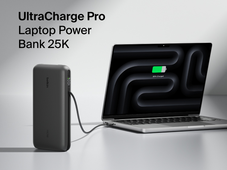Belkin UltraCharge Pro Laptop Power Bank 25K with integrated cable and digital display, high-capacity portable charger for laptops and devices