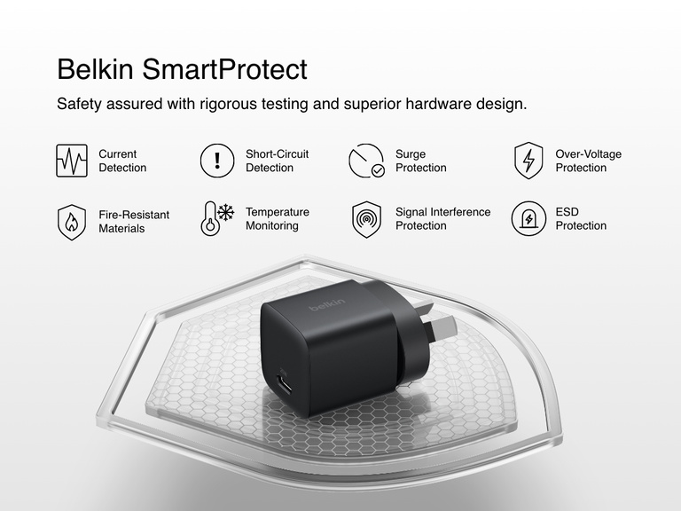 Belkin BoostCharge USB-C Wall Charger 25W shown with Belkin SmartProtect features, including over-voltage, surge, and short-circuit protection for enhanced charging safety.