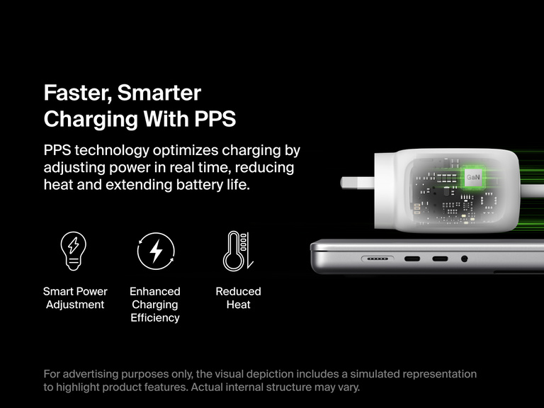 BoostCharge Pro 3-Port GaN Wall Charger 100W shown with internal PPS technology visualization, enabling smart power adjustment for reduced heat, improved efficiency, and extended battery life.