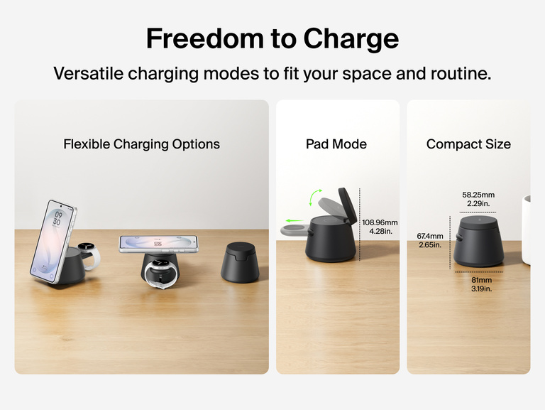Belkin UltraCharge Modular Charging Dock with Qi2 25W showing flexible wireless charging options, including stand and pad modes, in a compact space-saving design for everyday device charging.