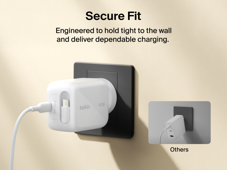 Belkin UltraCharge 45W retractable GaN wall charger plugged securely into wall outlet with stable fit and reliable fast charging performance