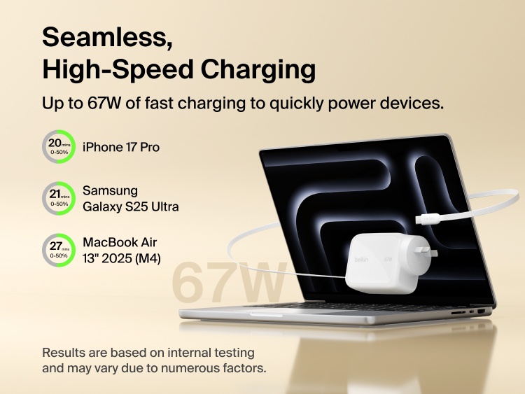 Belkin UltraCharge Retractable GaN Wall Charger 67W fast charging laptop with built-in retractable USB-C cable, delivering high-speed power for iPhone, Samsung Galaxy, and MacBook devices.