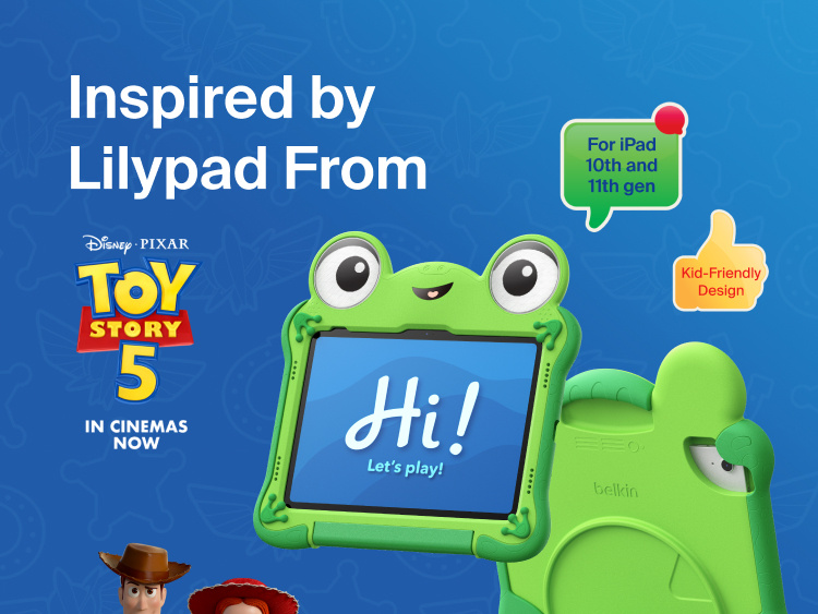 Disney Toy Story 5 Lilypad Case for iPad 10th and 11th Gen with frog-inspired design holding tablet displaying &ldquo;Hi! Let&rsquo;s play!&rdquo; and Toy Story 5 branding with kid-friendly design callout