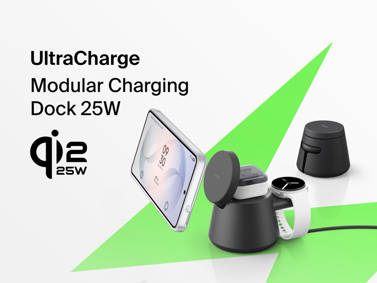 Belkin UltraCharge Modular Charging Dock with Qi2 25W delivering fast wireless charging for compatible smartphones, smartwatches, and earbuds in a modular all-in-one dock setup.