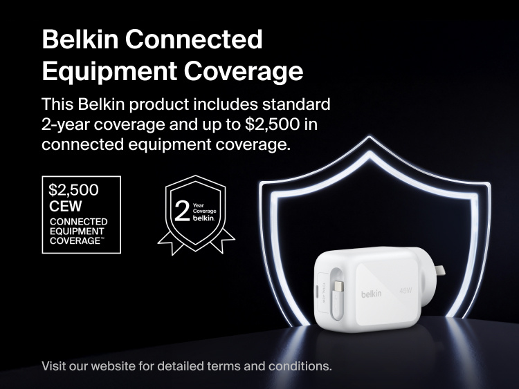 Belkin UltraCharge 45W retractable GaN wall charger with 2-year warranty and up to $2,500 connected equipment coverage for device protection
