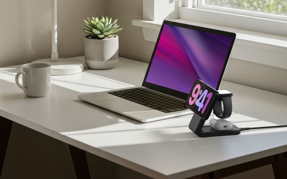 White Belkin 3-in-1 wireless charging stand on a marble surface, charging a smartphone, smartwatch, and wireless earbuds, with a person in the background holding a sketch.