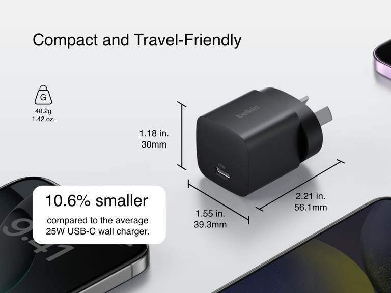 Belkin BoostCharge USB-C Wall Charger 25W shown with foldable prongs, compact dimensions, and 48% smaller size compared to standard 25W USB-C chargers for enhanced portability.