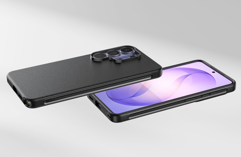 Two Samsung smartphones shown with slim black protective cases, one face-down and one face-up, highlighting the case design, camera protection, and precise cutouts against a clean, minimal background.