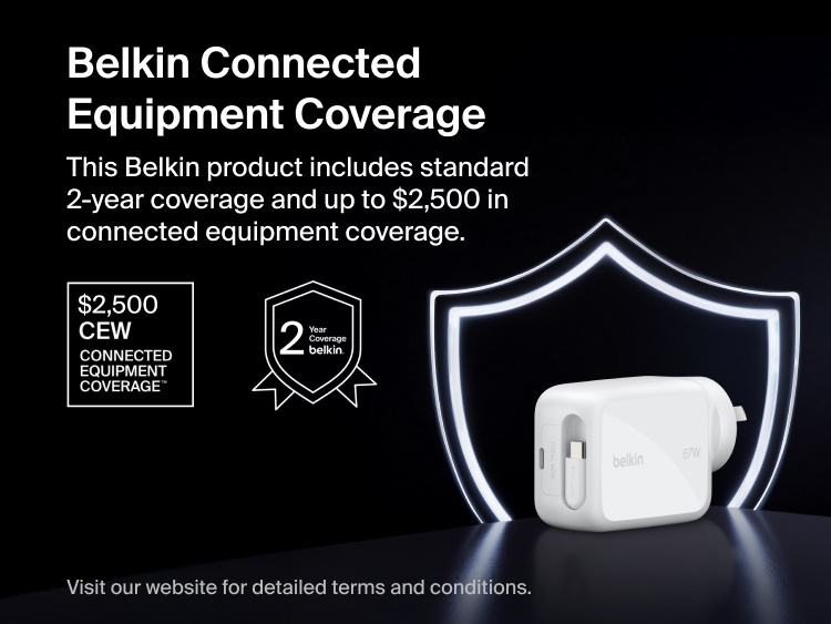 Belkin UltraCharge Retractable GaN Wall Charger 67W with built-in retractable USB-C cable featuring Belkin Connected Equipment Coverage with 2-year warranty and device protection.