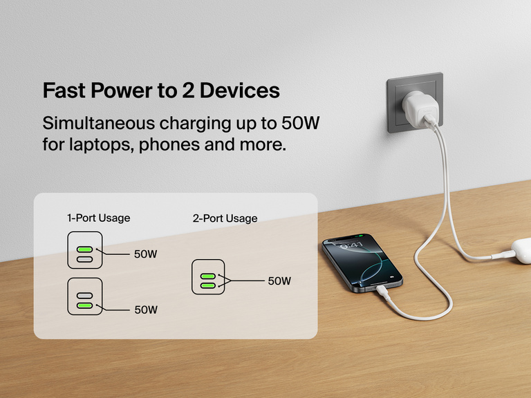 Belkin BoostCharge Pro Dual USB-C GaN Wall Charger 50W plugged into a wall outlet charging a smartphone and wireless earbuds simultaneously with diagram showing fast power delivery for one or two devices.