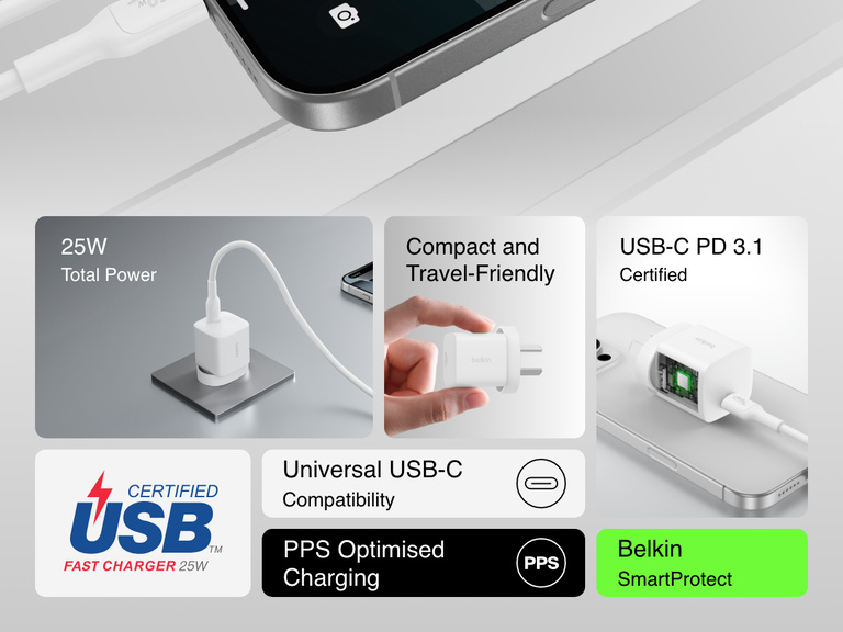 Infographic highlighting key features of the Belkin BoostCharge USB-C Wall Charger 25W, including 25W power output, USB-C PD 3.1 certification, compact design, PPS optimized charging, and SmartProtect technology.