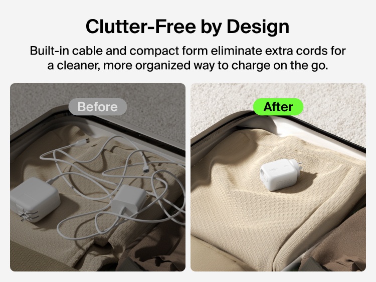 Belkin UltraCharge 45W retractable GaN wall charger reduces cable clutter with built-in USB-C cord, shown in before-and-after travel packing comparison