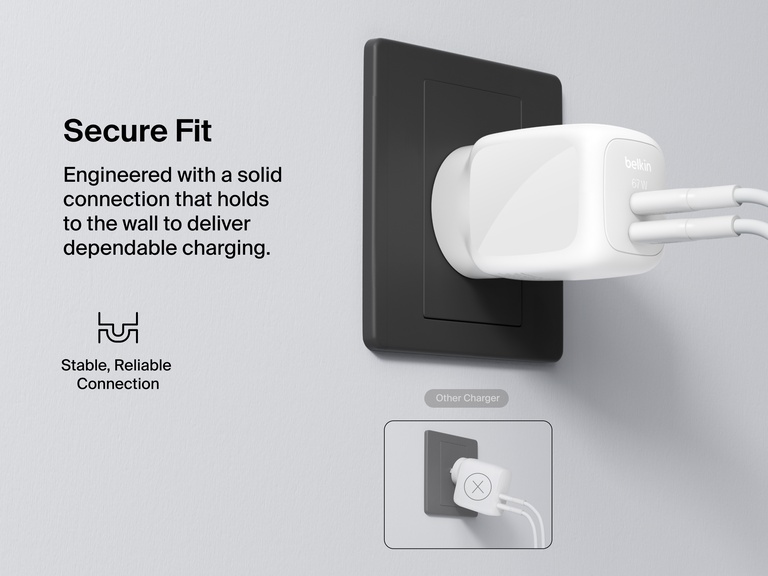 Belkin BoostCharge Pro Dual USB-C GaN Wall Charger 67W shown plugged into an outlet, demonstrating a secure, stable connection for reliable wall charging performance.