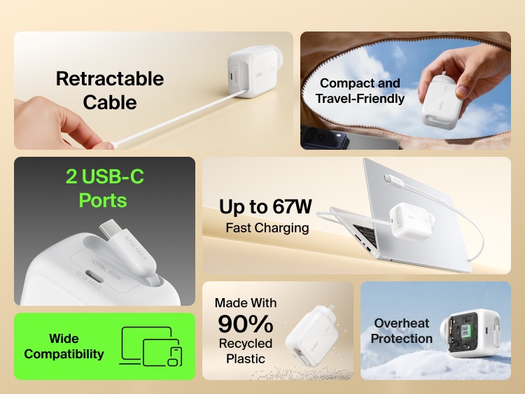 Belkin UltraCharge Retractable GaN Wall Charger 67W with built-in retractable USB-C cable, dual USB-C ports, fast charging up to 67W, compact travel-friendly design with wide device compatibility and overheat protection.
