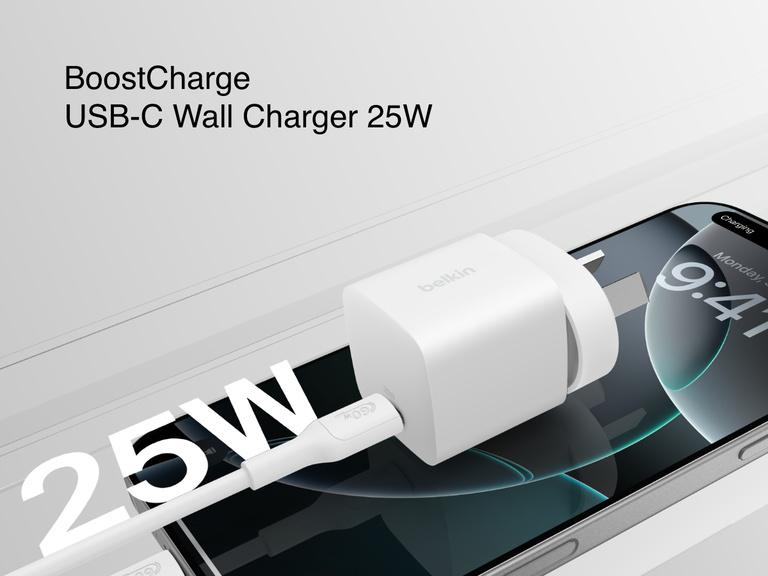 Belkin BoostCharge USB-C Wall Charger 25W shown plugged into a smartphone, highlighting its compact design and fast charging capability.