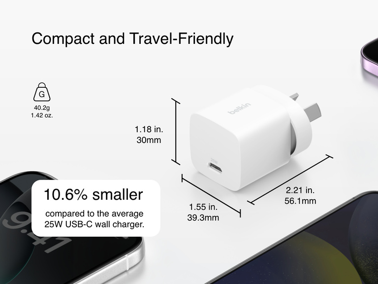Belkin BoostCharge USB-C Wall Charger 25W shown with foldable prongs, compact dimensions, and 48% smaller size compared to standard 25W USB-C chargers for enhanced portability.