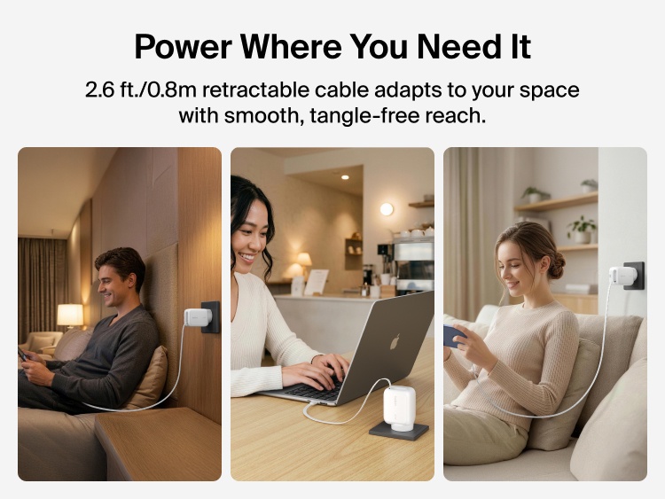 Belkin UltraCharge 45W retractable GaN wall charger with 0.7m USB-C cable powering devices in home and travel settings with flexible, tangle-free reach