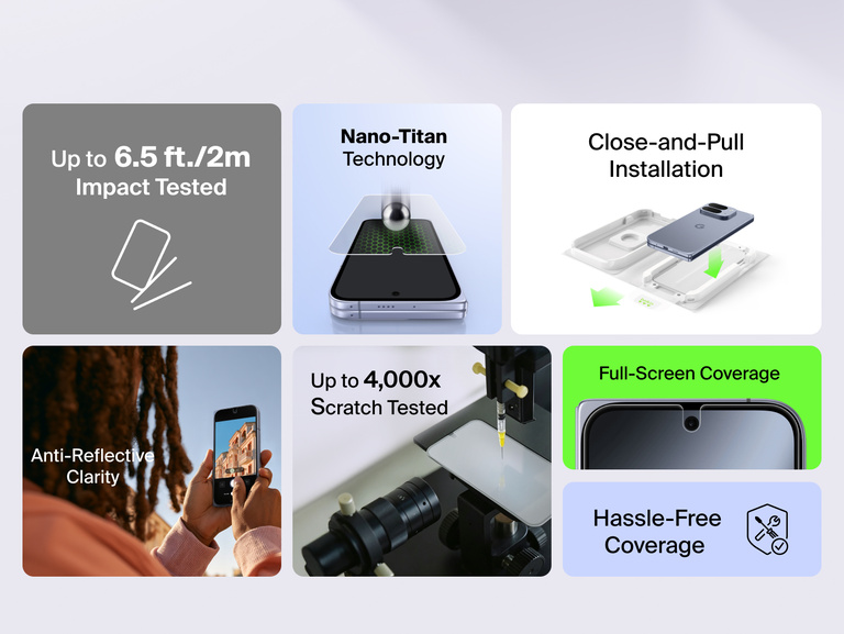 Belkin Titan SmartShield Anti-Reflective Screen Protector for Google Pixel 11 highlighting 6.5 ft drop protection, Nano-Titan technology, 4,000x scratch resistance, anti-reflective clarity, and easy installation.