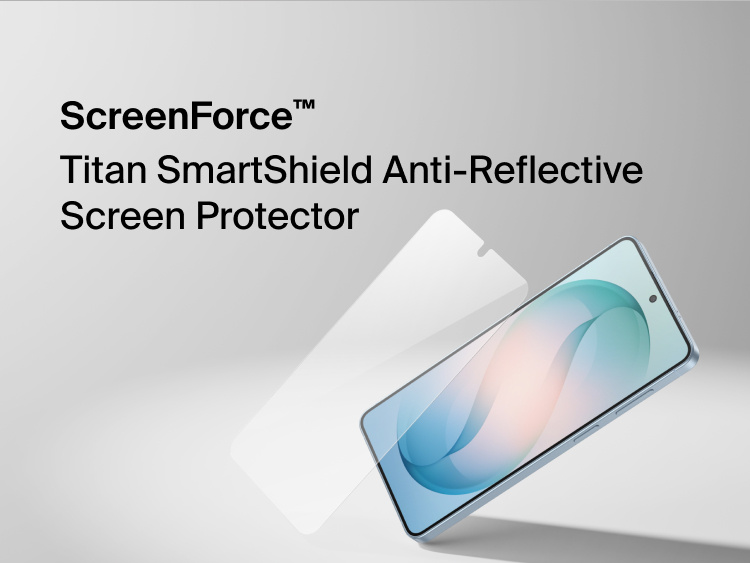 Belkin ScreenForce Titan SmartShield Anti-Reflective Screen Protector installed on Samsung Galaxy S26, shown with layered design highlighting edge-to-edge coverage and glare-reducing screen protection.
