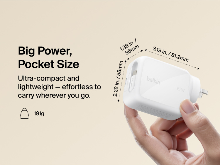 Belkin UltraCharge Retractable GaN Wall Charger 67W compact fast charger with built-in retractable USB-C cable, foldable prongs, and lightweight pocket-size design for travel and everyday charging.
