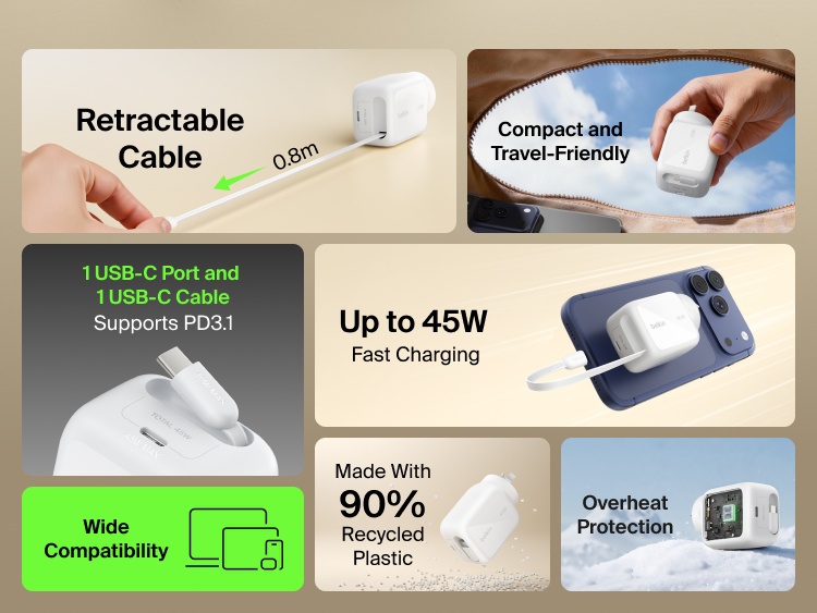 Belkin UltraCharge 45W retractable GaN wall charger with built-in 0.7m USB-C cable, single USB-C port, fast charging, compact travel design, and overheat protection