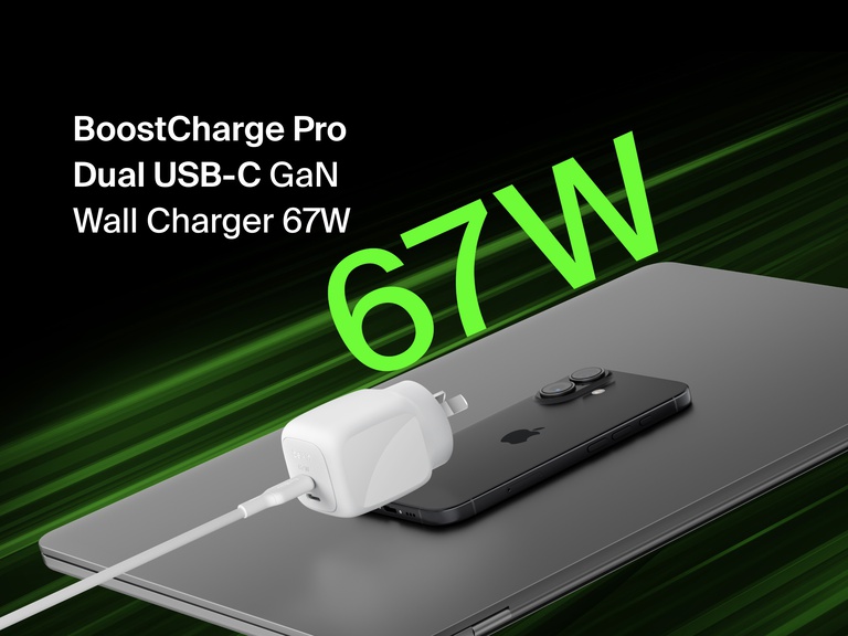 Belkin BoostCharge Pro Dual USB-C GaN Wall Charger 67W shown powering a device, highlighting fast, efficient charging performance.