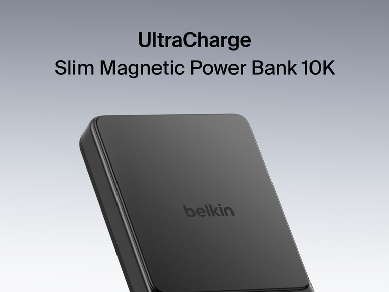 Belkin UltraCharge Slim Magnetic Power Bank 10K attached to smartphones showcasing compact magnetic wireless charging and portable battery design