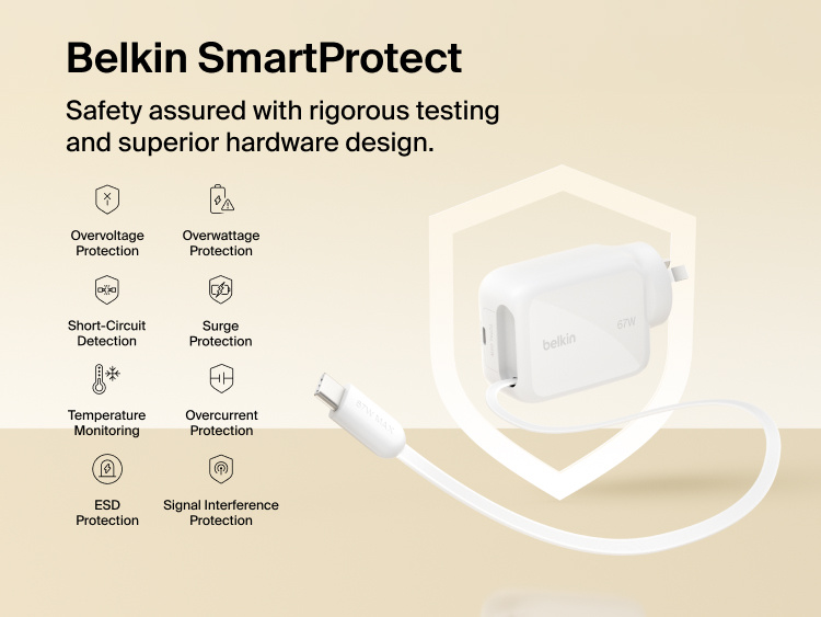 Belkin UltraCharge Retractable GaN Wall Charger 67W with built-in retractable USB-C cable featuring SmartProtect safety system with overvoltage, surge, temperature, and short-circuit protection.