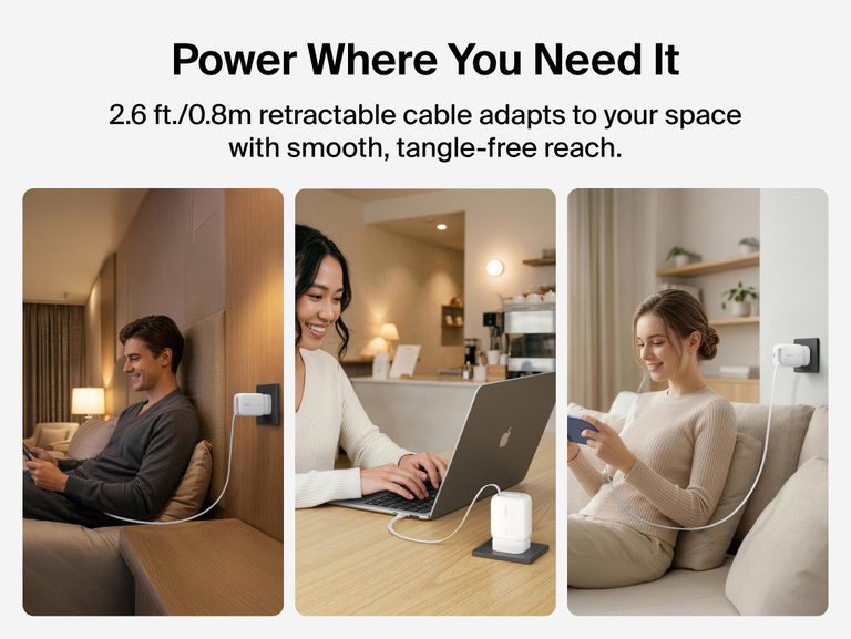 Belkin UltraCharge 45W retractable GaN wall charger delivering fast charging up to 45W with built-in USB-C cable, powering smartphone with rapid 0&ndash;50% charge times