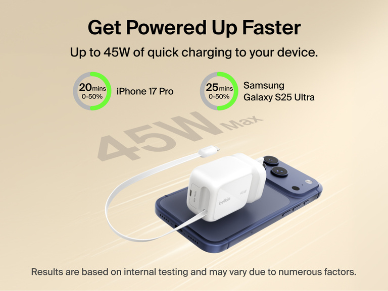 Belkin UltraCharge 45W retractable GaN wall charger durability graphic showing 20,000+ cable extensions, 10,000+ bend lifespan, 10,000+ plug-in cycles, and 10kg load strength