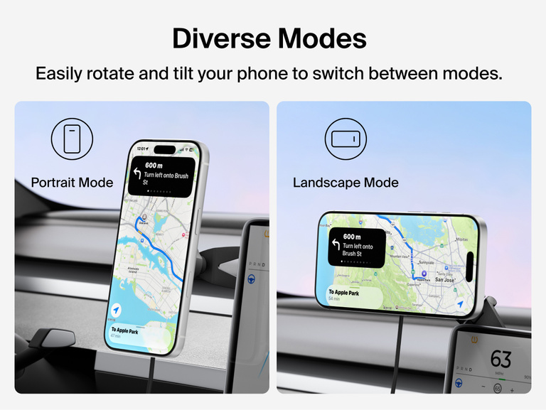 Belkin BoostCharge Magnetic Wireless Charging Car Vent Mount shown in portrait and landscape modes with 360&deg; rotation and 30&deg; tilt for adjustable in-car phone viewing.