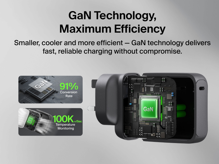 Belkin UltraCharge 45W retractable GaN wall charger with built-in 0.7m USB-C cable, single USB-C port, fast charging, compact travel design, and overheat protection