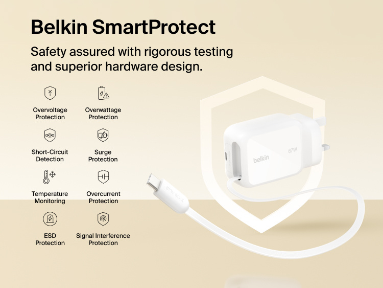 Belkin UltraCharge Retractable GaN Wall Charger 67W with built-in retractable USB-C cable featuring SmartProtect safety system with overvoltage, surge, temperature, and short-circuit protection.