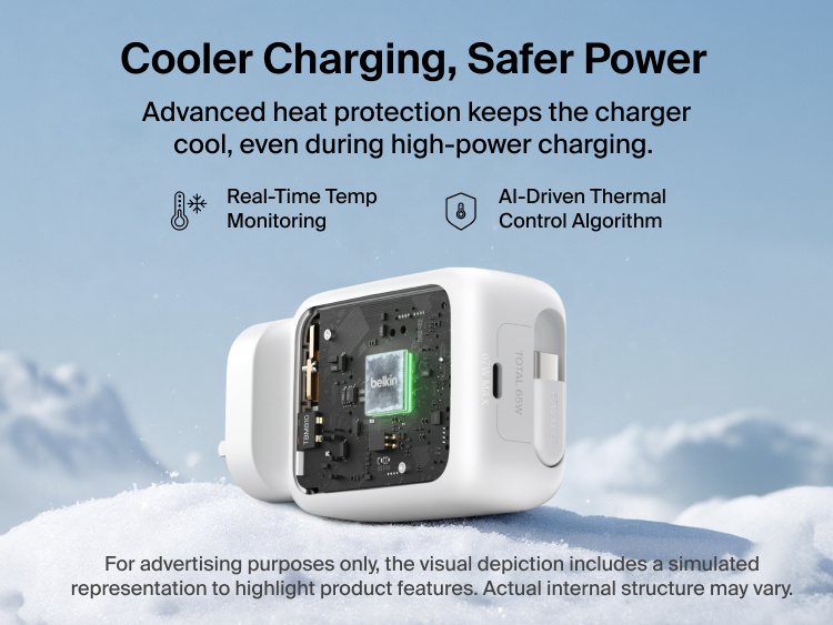 Belkin UltraCharge Retractable GaN Wall Charger 67W with built-in retractable USB-C cable featuring advanced thermal management, real-time temperature monitoring, and AI-driven cooling for safer fast charging.