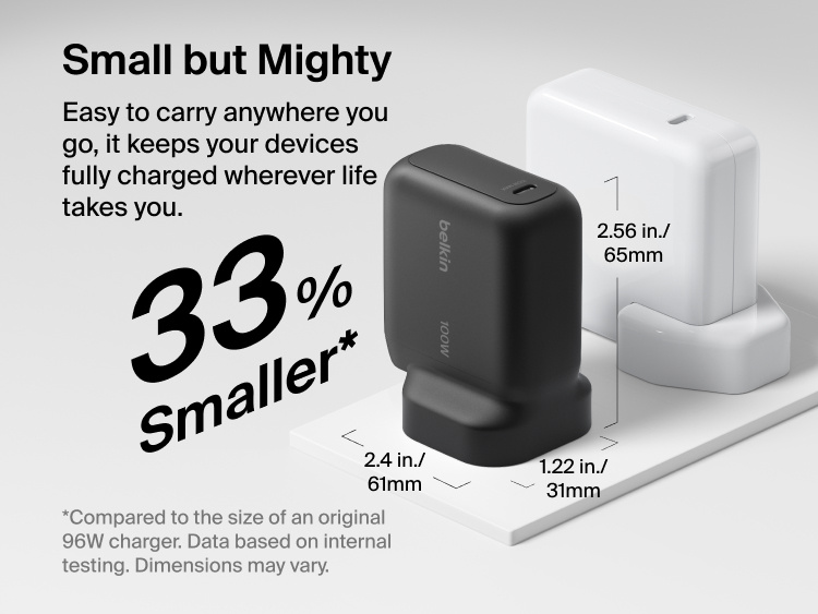 Belkin UltraCharge 45W retractable GaN wall charger compact design with foldable prongs, lightweight 145g build, and pocket-size dimensions for travel convenience