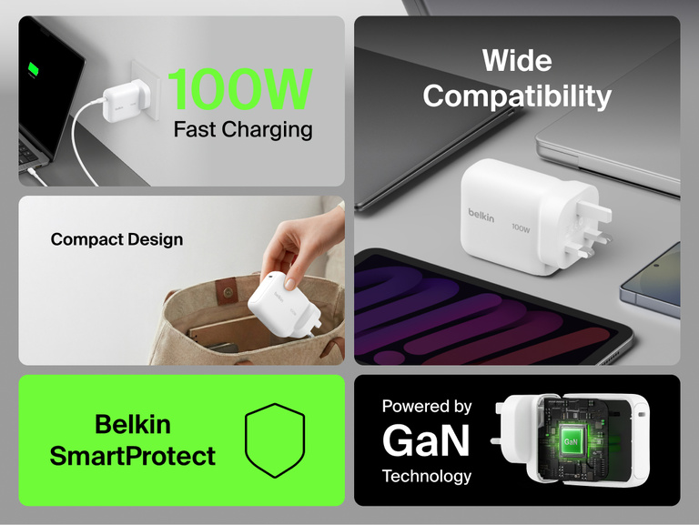 Belkin UltraCharge 45W retractable GaN wall charger with built-in 0.7m USB-C cable, single USB-C port, fast charging, compact travel design, and overheat protection