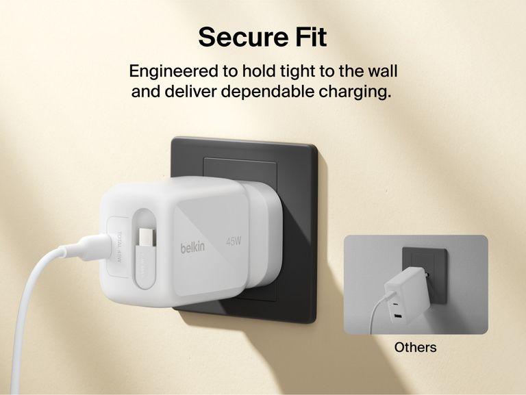 Belkin UltraCharge 45W retractable GaN wall charger with universal USB-C compatibility for iPhone, Android, iPad, laptops, wearables, and other devices