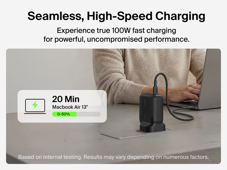Belkin UltraCharge 45W retractable GaN wall charger with built-in 0.7m USB-C cable, single USB-C port, fast charging, compact travel design, and overheat protection