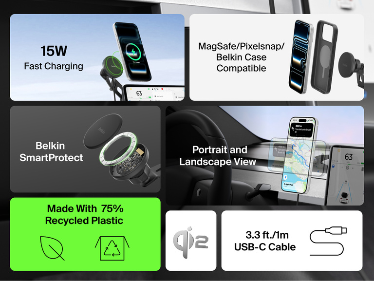 Belkin BoostCharge Magnetic Wireless Charging Car Vent Mount shown delivering Qi2 15W fast charging with MagSafe/Pixelsnap compatibility, portrait or landscape viewing, SmartProtect safety, and 75% recycled plastic design.