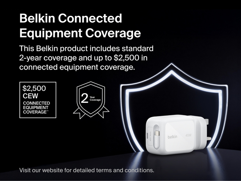 Belkin UltraCharge 45W retractable GaN wall charger with 2-year warranty and up to $2,500 connected equipment coverage for device protection