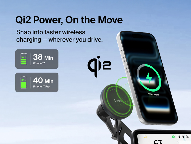 Belkin BoostCharge Magnetic Wireless Charging Car Vent Mount shown wirelessly charging a phone with Qi2 fast charging in a vehicle, highlighting quick 0&ndash;50% charge times for iPhone 17 and iPhone 17 Pro.