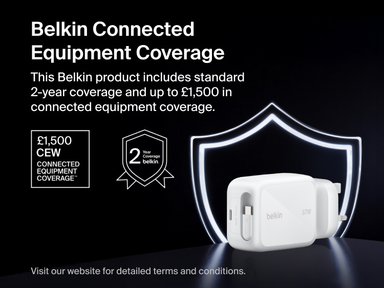 Belkin UltraCharge Retractable GaN Wall Charger 67W with built-in retractable USB-C cable featuring Belkin Connected Equipment Coverage with 2-year warranty and device protection.