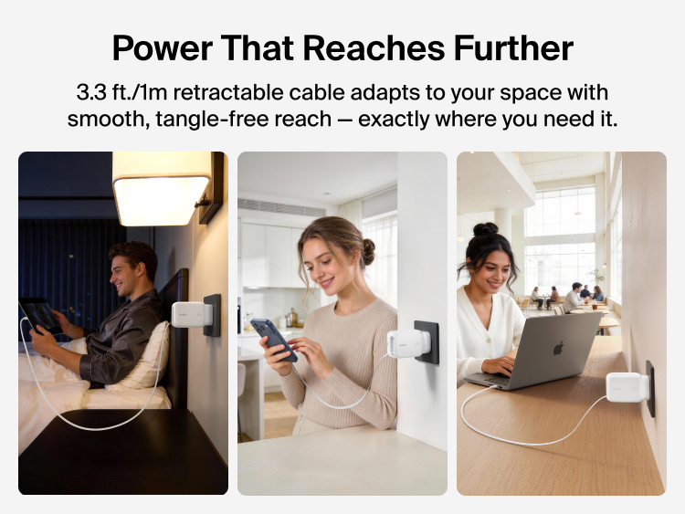Belkin UltraCharge Retractable GaN Wall Charger 67W with built-in retractable USB-C cable powering devices from wall outlet across bedroom, kitchen, and workspace settings.
