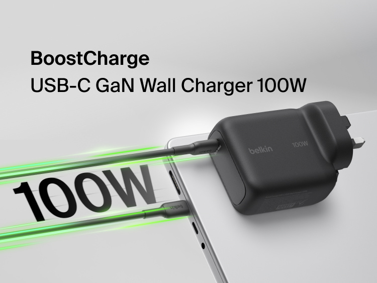 Belkin UltraCharge 45W retractable GaN wall charger connected to smartphone, featuring built-in USB-C cable for fast, compact charging